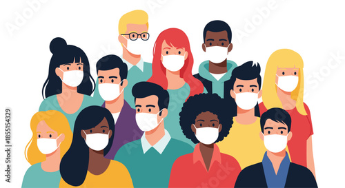 Group of diverse people wearing white medical face masks for protection and health safety in busy public spaces.