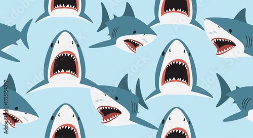 Seamless pattern with powerful great white sharks swimming in a light blue ocean for marine and sea life themes.