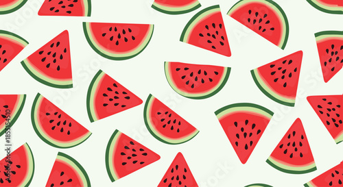 Refreshing seamless pattern with many slices of red watermelon on a light background for summer and food themes.