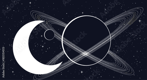 Dramatic space scene with a crescent moon a large ringed planet and a starfield in a black and white theme.