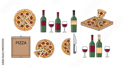 Comprehensive collection of pizza slices boxes wine bottles and glasses for dining and restaurant themes.
