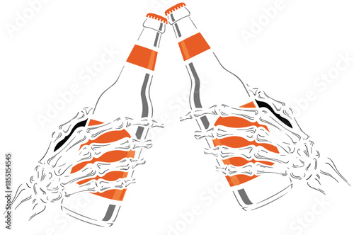 Skeleton hands clinking beer bottles illustration, spooky halloween toast concept, party celebration graphic, minimal line vector art design poster print