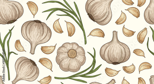 Detailed pattern with hand drawn garlic bulbs cloves and green chives for a fresh culinary and garden background.