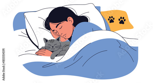 Peaceful illustration of a young woman sleeping soundly in bed while cuddling her adorable grey tabby cat under a blue blanket.
