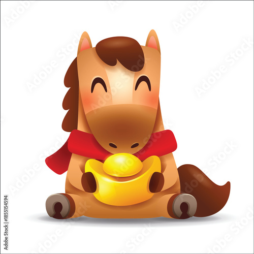 Cute Little Cartoon Horse with Red Scarf and Gold Ingot Chinese Zodiac