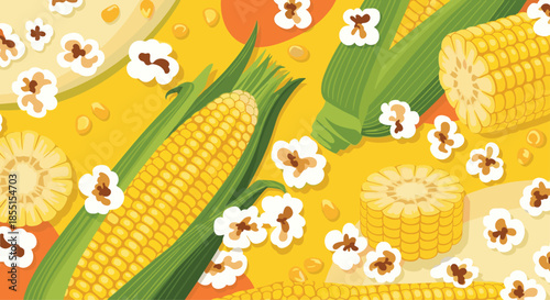 Vibrant seamless pattern depicting fresh corn on the cob yellow corn kernels and white fluffy popcorn on a bright yellow backdrop.