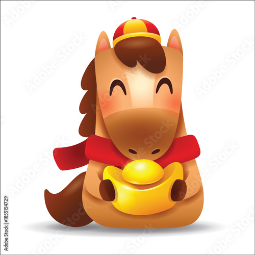 Cute Little Cartoon Horse with Red Scarf and Gold Ingot. Chinese Zodiac