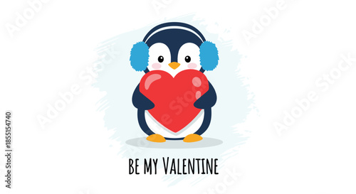 Adorable penguin character wearing blue earmuffs and holding a large red heart with the text Be My Valentine on a white backdrop.