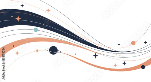 Abstract cosmic composition with flowing dark blue and orange lines stylized planets and stars on a white minimalist background.