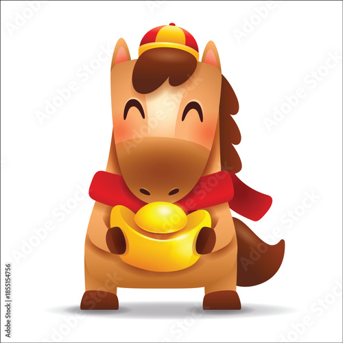 Cute Little Cartoon Horse with Red Scarf and Gold Ingot. Chinese Zodiac