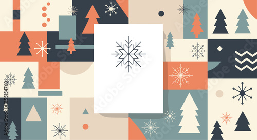 Modern geometric christmas pattern featuring stylized fir trees snowflakes and abstract shapes in a muted vintage color palette.