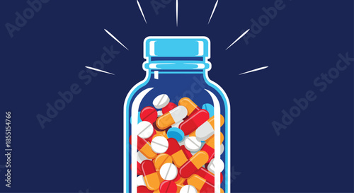 Brightly colored glass medicine bottle overflowing with various red orange white and blue pills and capsules on a navy background.