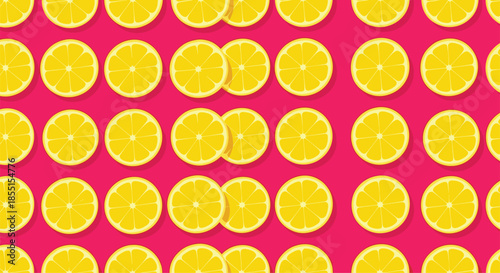 Vibrant seamless pattern consisting of perfectly round yellow lemon slices repeated against a bold hot pink background for contrast.