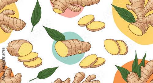 Natural seamless pattern featuring brown ginger roots and yellow circular slices with green leaves on a white and colorful background.