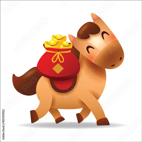 Cute Little Cartoon Horse Carrying a Money Bag. Chinese Zodiac