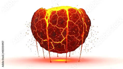 Glowing hot molten lava bomb with vibrant orange cracks and drips on white background