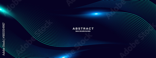 Glowing blue and green wave line on dark technology background.