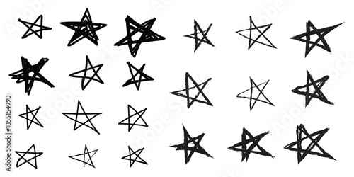 Collection of hand drawn pentagram symbols in various styles and orientations