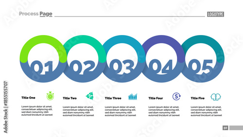 Five circle flowchart with description slide template
