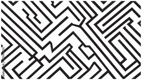 This image features a detailed black and white maze with intricate paths and numerous turns. The maze is composed of thick black lines against a white background