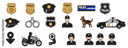 police icon set featuring officers, vehicles, gear, and symbols for law enforcement, safety, and educational design