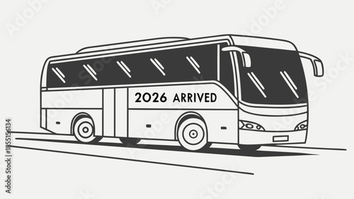 Isometric vector of a modern bus stopped at a station, digital sign "2026 has arrived", smooth 3D perspective and professional colors.