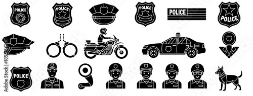 black-and-white police icons featuring officers, vehicles, gear, and surveillance tools for law enforcement and public safety design projects