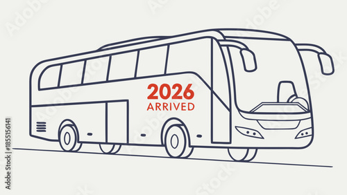 Isometric vector of a modern bus stopped at a station, digital sign "2026 has arrived", smooth 3D perspective and professional colors.