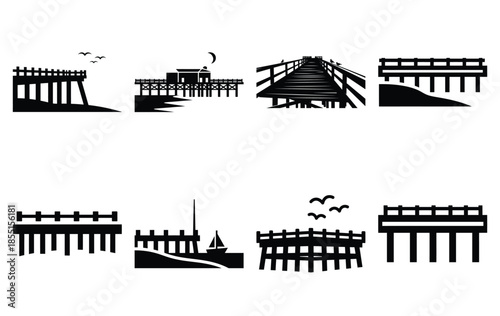 Silhouette of beach pier vector icon set collection. summer icons concept isolated on white, vector illustration