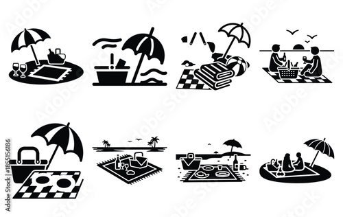 Silhouette of beach picnic vector icon set collection. summer icons concept isolated on white, vector illustration