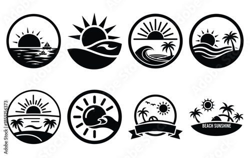 Silhouette of beach sunshine badge vector icon set collection. summer icons concept isolated on white, vector illustration