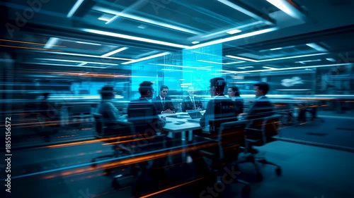 Business team collaborating in high tech conference room with digital screens dynamic lighting and fast paced corporate strategy discussion