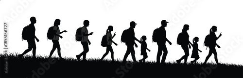 Group of people silhouette walking in line with backpacks, family and travelers journey, migration concept, outdoor movement, minimal black and white illustration