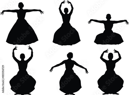 Ballet dancer silhouette set illustration, classical dance poses collection, graceful female performers, elegant black flat vector artwork design