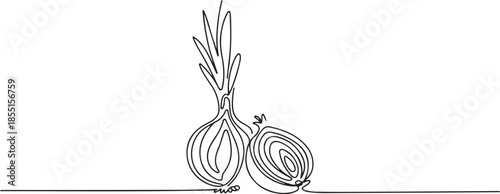 Continuous one line drawing of whole and sliced healthy organic bulb onion for groceries logo identity. one line Art icon drawing