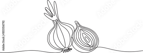 Continuous one line drawing of whole and sliced healthy organic bulb onion for groceries logo identity. one line Art icon drawing