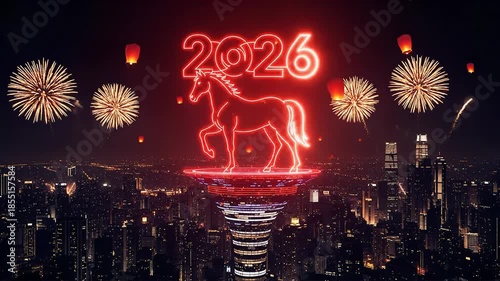 Cinematic digital animation of the red neon chinese zodiac horse and 2026 sign celebrating the new year with spectacular fireworks above a dark, moody city skyline.