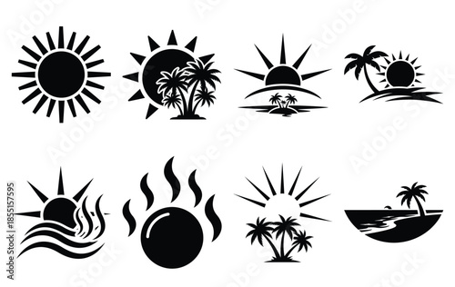 Silhouette of tropical heat sun vector icon set collection. summer icons concept isolated on white, vector illustration