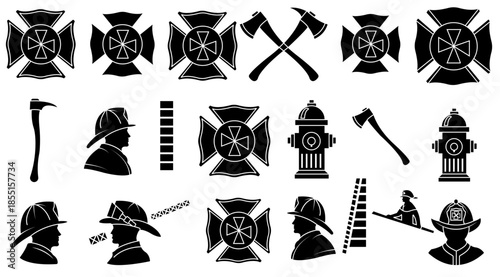 Set of 20 firefighter silhouette icons featuring gear, tools, vehicles, and personnel for emergency response, safety, and rescue design projects