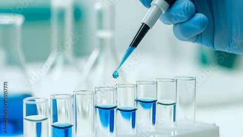 Hand in blue glove using a pipette to dispense blue liquid into test tubes in a laboratory — symbolic representation of scientific research, medical testing, or pharmaceutical development

