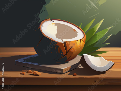 vector of Cracked coconut with white flesh on dark gray background on light wooden table.