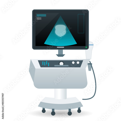 Medical ultrasound machine with monitor displaying a scan, used for diagnostic imaging.