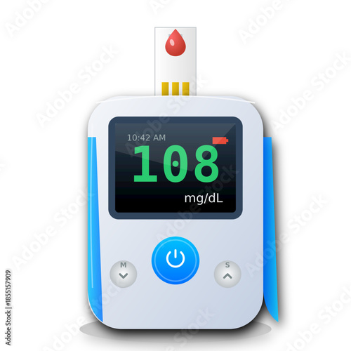 A digital blood glucose meter displaying a reading of 108 mg/dL, with a test strip and a blood drop.