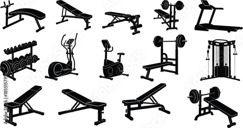 Gym equipment silhouettes collection with benches weights machines, fitness training tools set, workout bodybuilding concept illustration isolated background