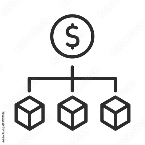 Financial Diversification Vector Icon of Dollar Coin Connected to Multiple Asset Cubes for Investment Strategy and Capital Growth