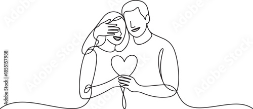 Single continuous line drawing young happy husband and wife couple holding heart shape paper and cover the eyes together. one line Art icon drawing