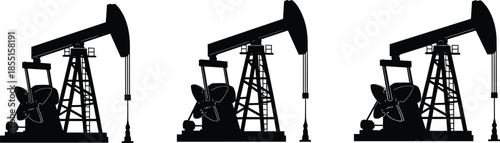 Silhouette of three industrial oil pump jacks drilling for fossil fuel, petroleum extraction machinery energy concept, cad drawing flat vector illustration
