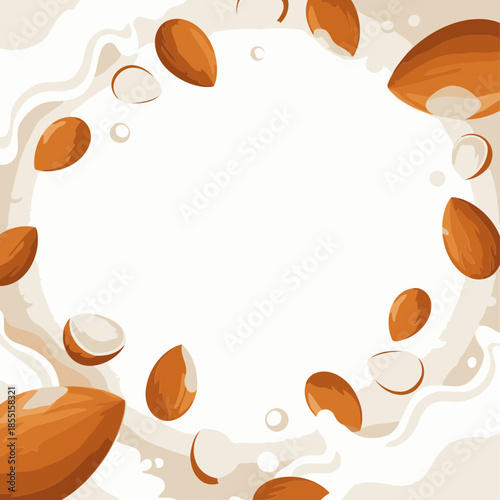 Almond milk product image with almonds in motion, in a milk background. Whole and halved almonds falling in a milk splash border.