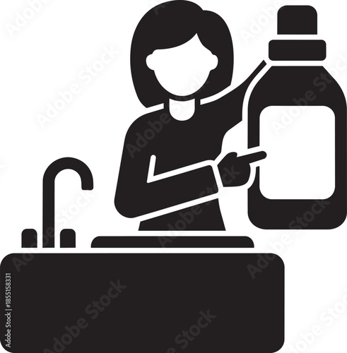 Woman pointing to bottle at sink with faucet black icon