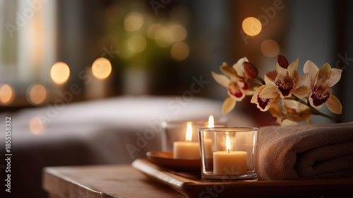 Calm and inviting spa atmosphere heavily defocused blurred background soft lighting with candles and delicate orchids adorning massage table relaxation comfort environment